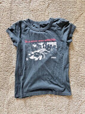 Brandy Melville Gray Black Radio Silence T-Shirt Crop Short Sleeve Top John Galt